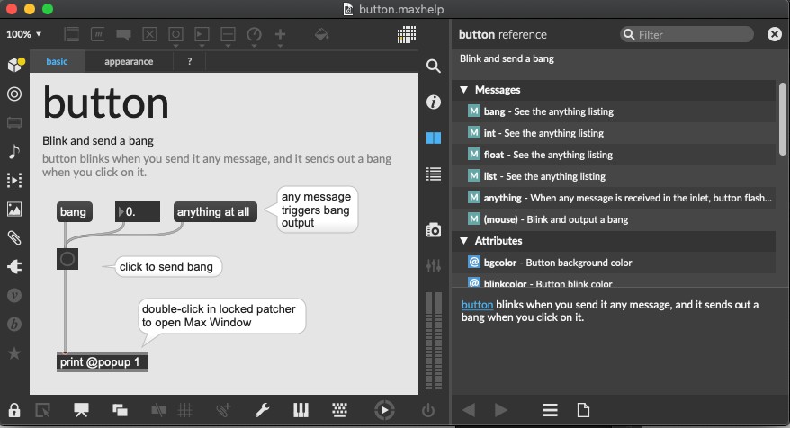 button 오브젝트의 Help 패치 — bang/int/float/list 등 다양한 메시지를 어떻게 받아 bang을 내보내는지 보여준다
