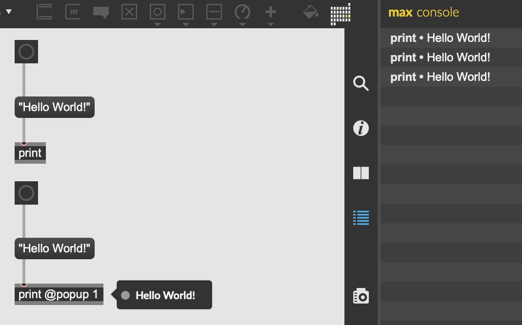 Hello World 패치 — message "Hello World!"를 print로 보내면 Console에 출력되고, print @popup 1은 패치 화면에 직접 표시된다