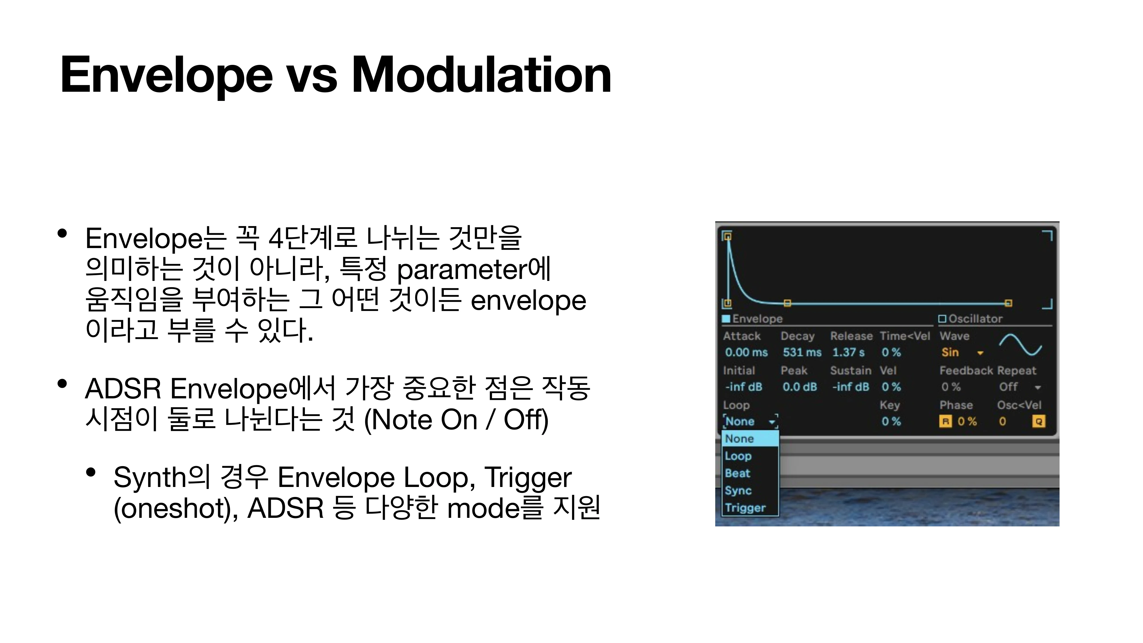 Ableton Operator의 Envelope 패널 — Loop/Beat/Sync/Trigger 등 모드를 통해 Envelope과 Modulation의 경계가 흐려질 수 있다